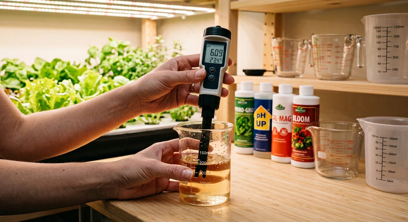 Testing pH levels in hydroponic solution